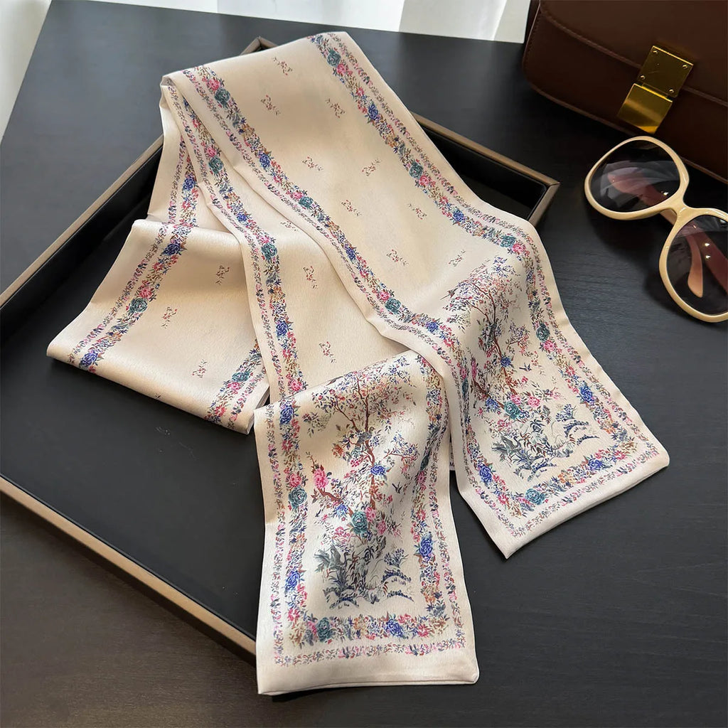 Floral Print 12*145cm Long Ribbon Silk Scarf Women Neck Scarves Headband Female Skinny Neckerchief Hair Band Neck Tie Bag Ribbon