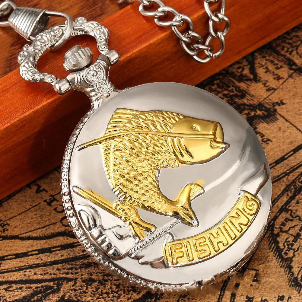 Best Gifts Luxury Gold Quartz Pocket Watch Design Fishes Necklace Pendant Pocket Watch Clock for Mens Womens