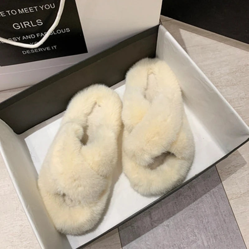 Women Furry Fur Slippers Soft Faux Fur Slides Ladies Plush House Slippers Cross Strap Open Toe Flat Sandals Fluffy Warm Shoes