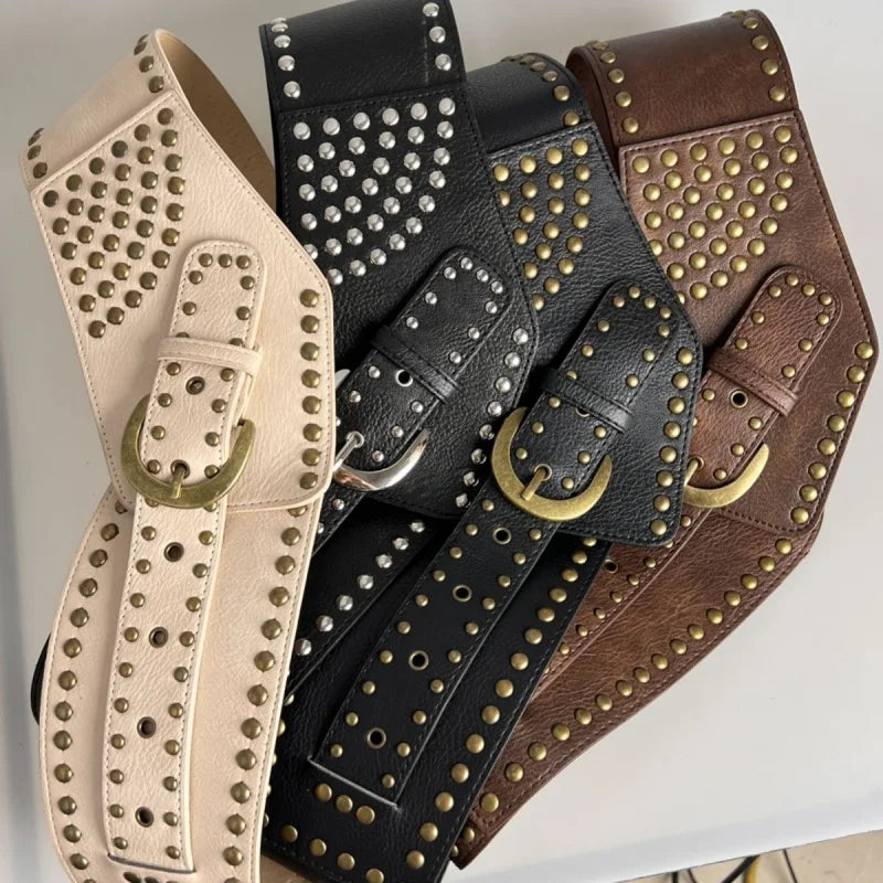 Y2K Harajuku High Street Personality Rivet Decoration Wide Belts For Women Vintage Punk Spice Girl Waistband Cinturones De Mujer