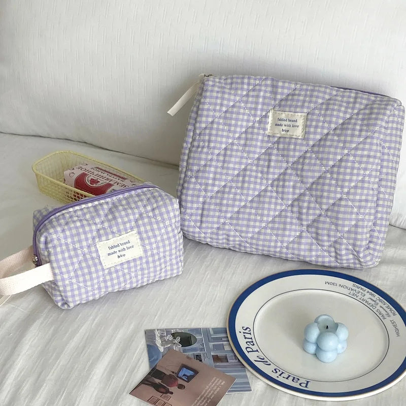 Large Capacity Cotton Makeup Bag Women Checkered Brushes Storage Bag Sweet Cute Travel Toiletry Bag Casual Ladies Soft Organizer
