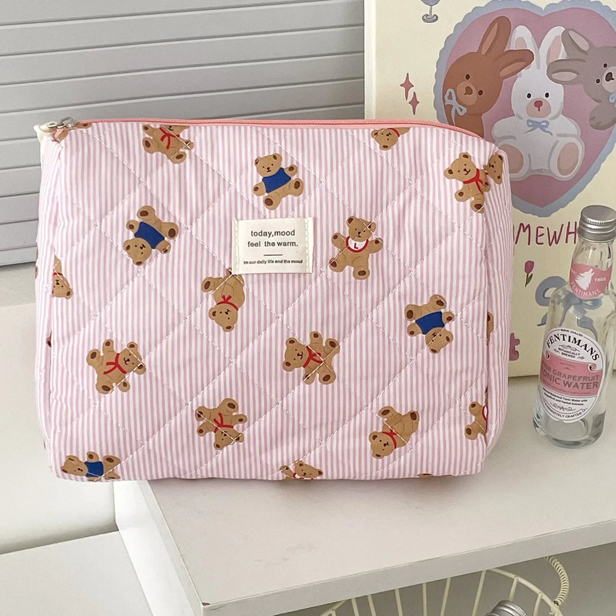1pc Quilted Bear Cute Makeup Bag Floral Cosmetic Bag Women Girl Travel Toiletry Bag Organizer Cotton Makeup Brushes Storage Case