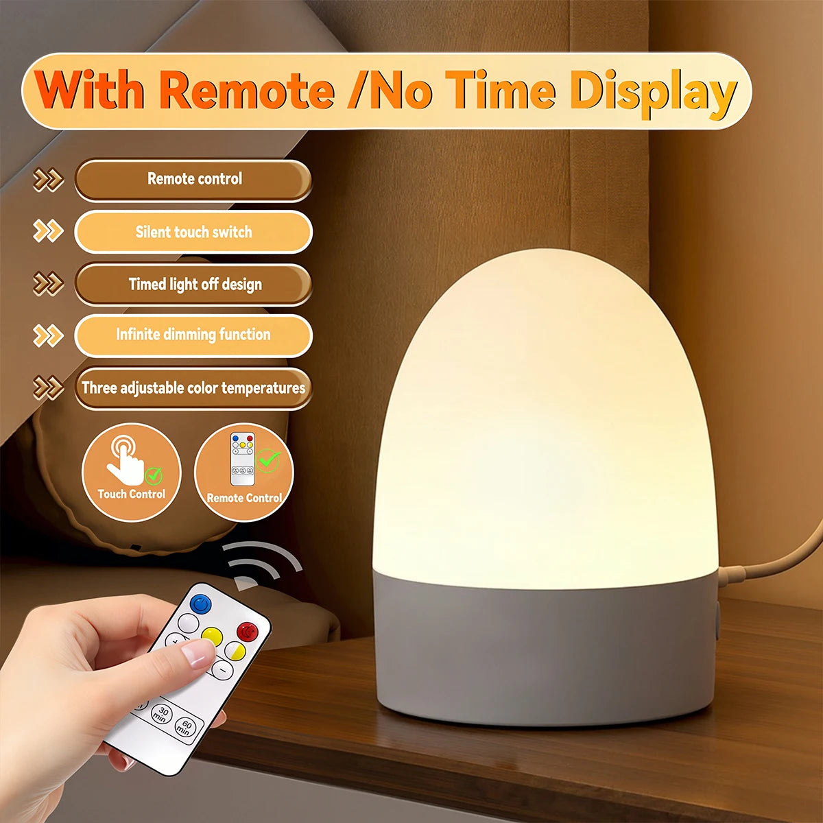 Touch Control LED Night Light with Clock Timer Remote Control USB Bedside Lamp Dimmable 3 Color Temperature Bedroom Sleep Lamp