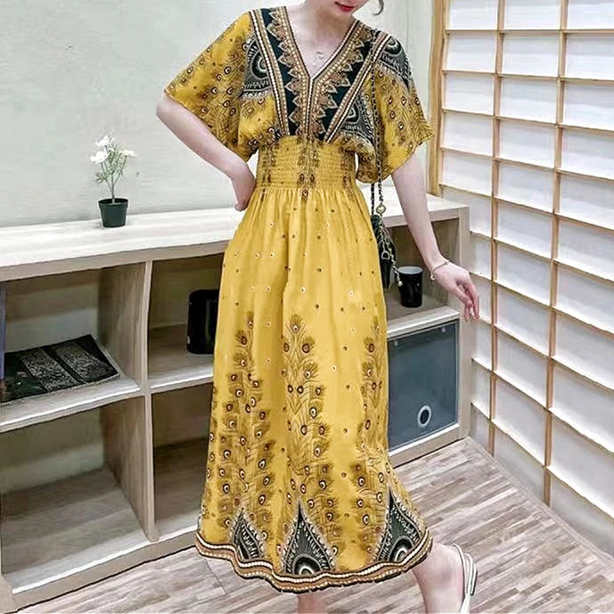 2025 Summer New Casual Elegant Retro Bohemian Style V-neck Elastic Waist Large Swing Printed Long Skirt Autumn Summer Dress