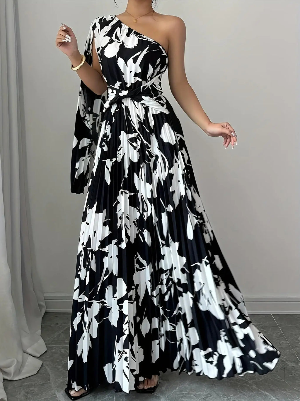 Women's Floral Print One-Shoulder Maxi Dress Wide Puff Sleeve Gathered Waist Elegant Long Dress for Spring/Fall Casual Party Out