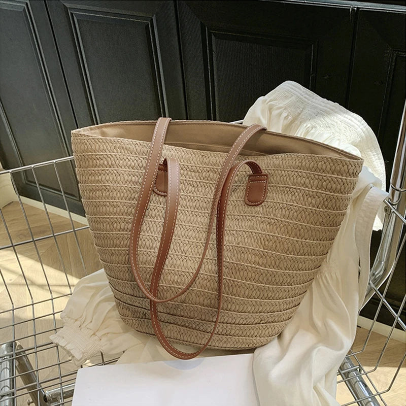 Women Braided Basket Clutches Top-handle Bag Large Straw Portable Shoulder Bag Summer Beach Party Purses Shopper Satchel Female