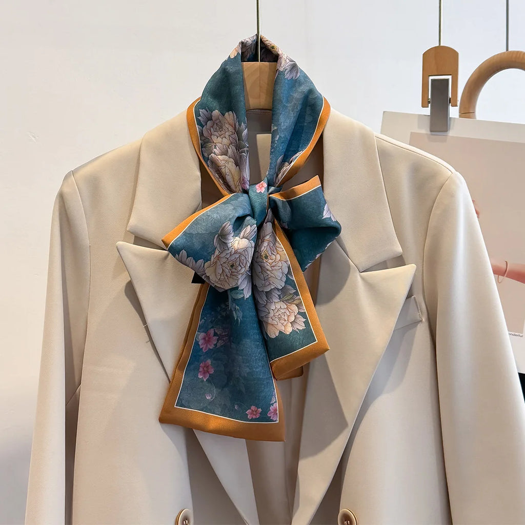 Floral Print 12*145cm Long Ribbon Silk Scarf Women Neck Scarves Headband Female Skinny Neckerchief Hair Band Neck Tie Bag Ribbon