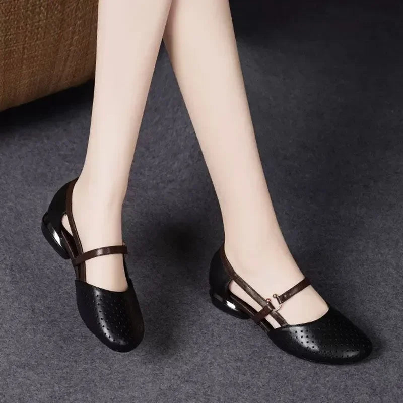 Cresfimix Zapatos De Mujer Women Fashion Black Hollow Out Comfort Spring Summer Slip on Square Heel Shoes Office Pumps A1172