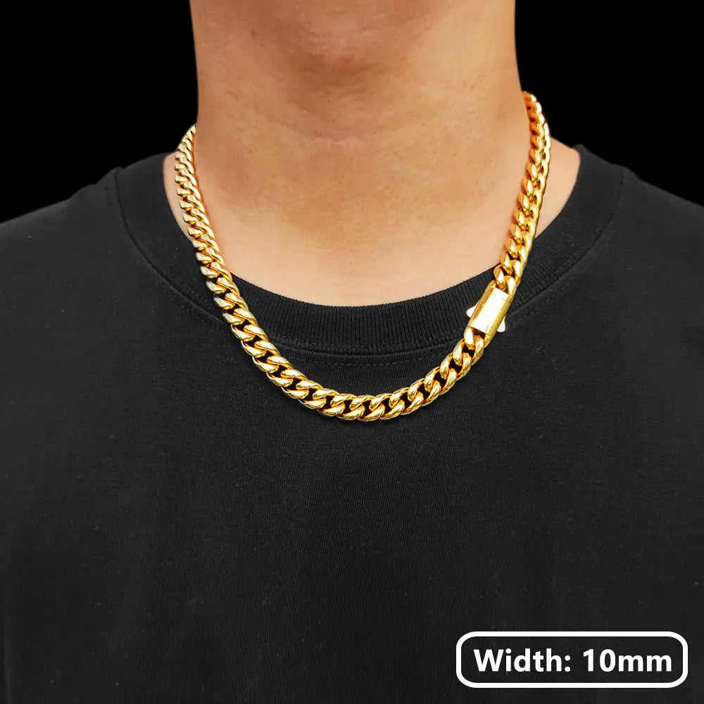Hip Hop PVD Plated Stainless Steel Cuban Necklace with Snap Clasp Men Miami Cuban Link Chain Jewelry For Women's Free Laser Logo