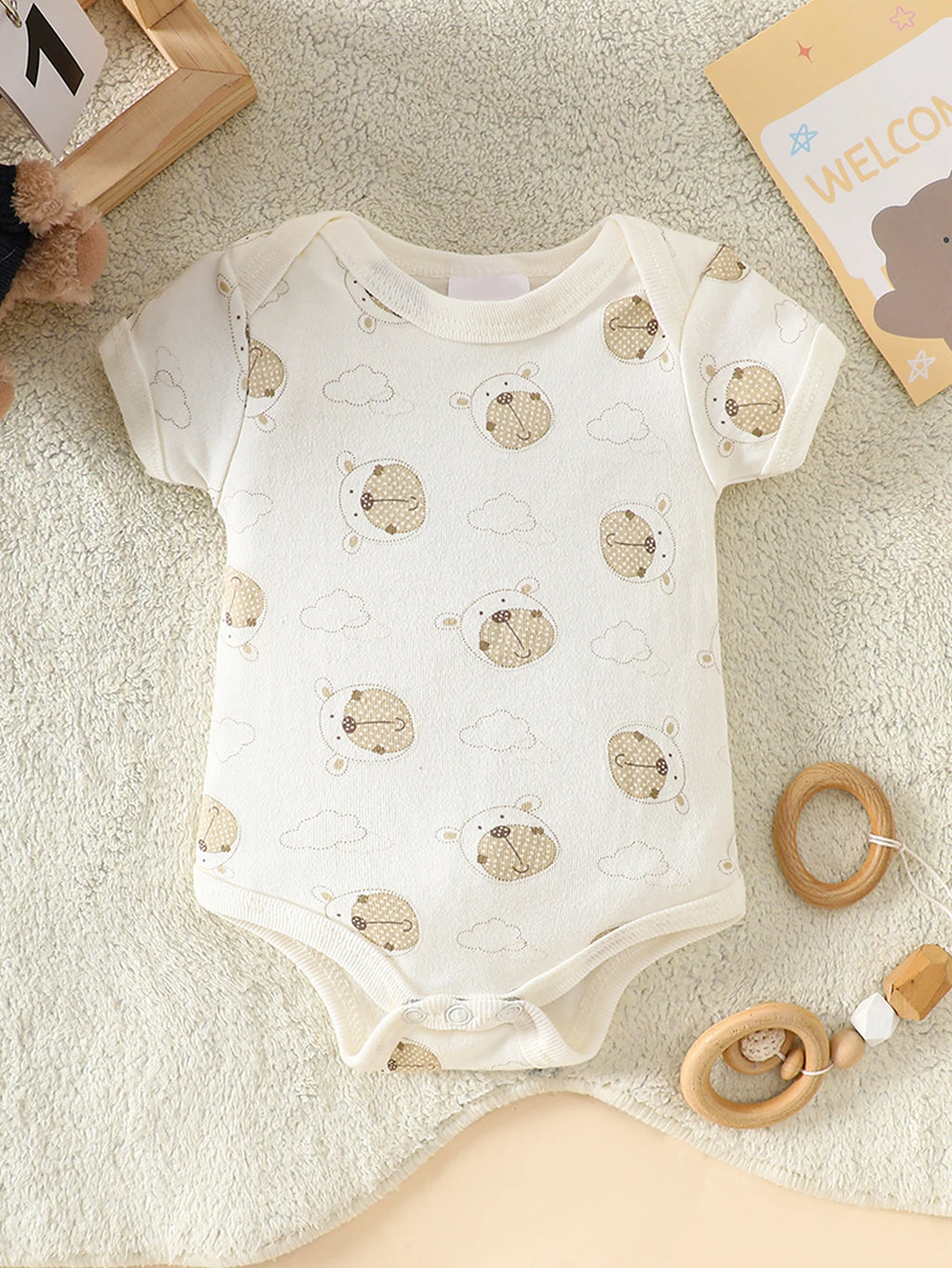 8-Piece Newborn Romper Set • 100% Cotton • Soft & Breathable Beige with Cute Bear Pattern, Perfect for Sleeping & Crawling