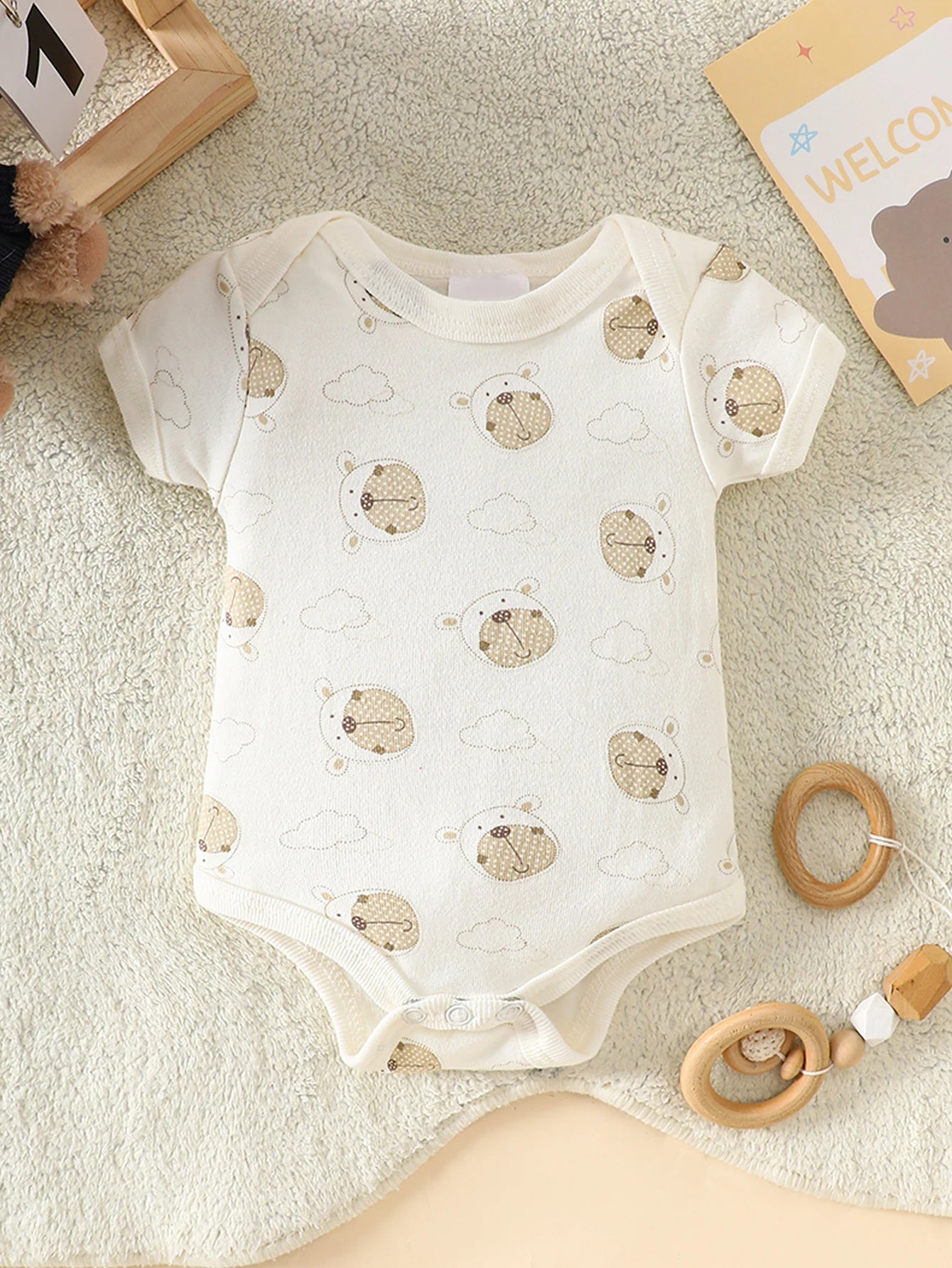 8-Piece Newborn Romper Set • 100% Cotton • Soft & Breathable Beige with Cute Bear Pattern, Perfect for Sleeping & Crawling