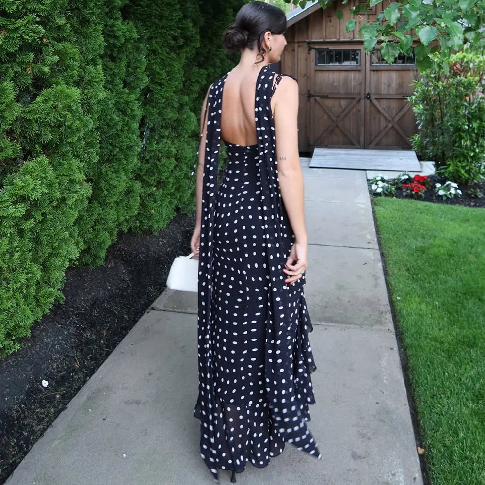 Tuularose Elegant Polka Dot Long Dress Summer Scarf Ribbon Ruffle Halter Pleated Dress Luxury Sleeveless Women's Evening Dresses