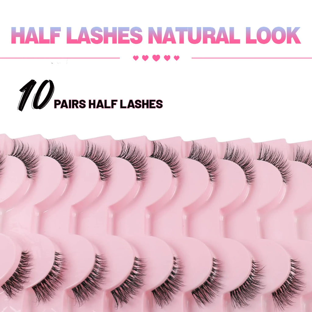 Half Eyelashes, Natural Appearance 10 Pairs of Thick Cat Eyelashes 10mm Wispy Eyelashes with Short False Eyelashes 3D04-10F