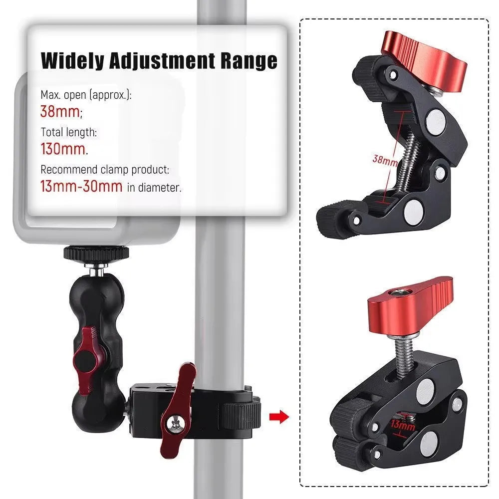 Super Clamp Camera Clamp Mount Monitor 360° Ballhead Magic Arm Double Ball Head Adapter with 1/4"-20 & 3/8"-16  For video