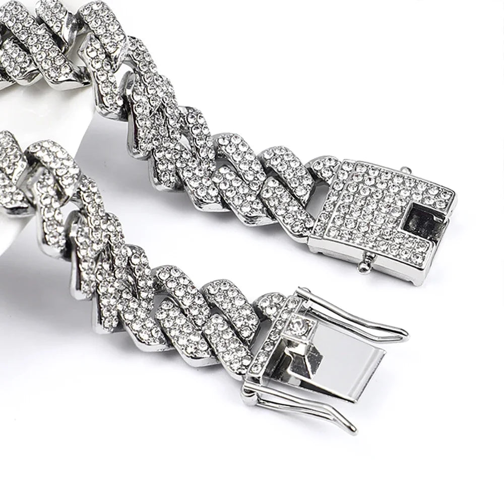 Fashion Hip Hop Square 14MM Cuban Link Necklace Men Gold Color Women Rhinestone Iced Out Cuban Chain Punk Jewelry Necklaces Gift