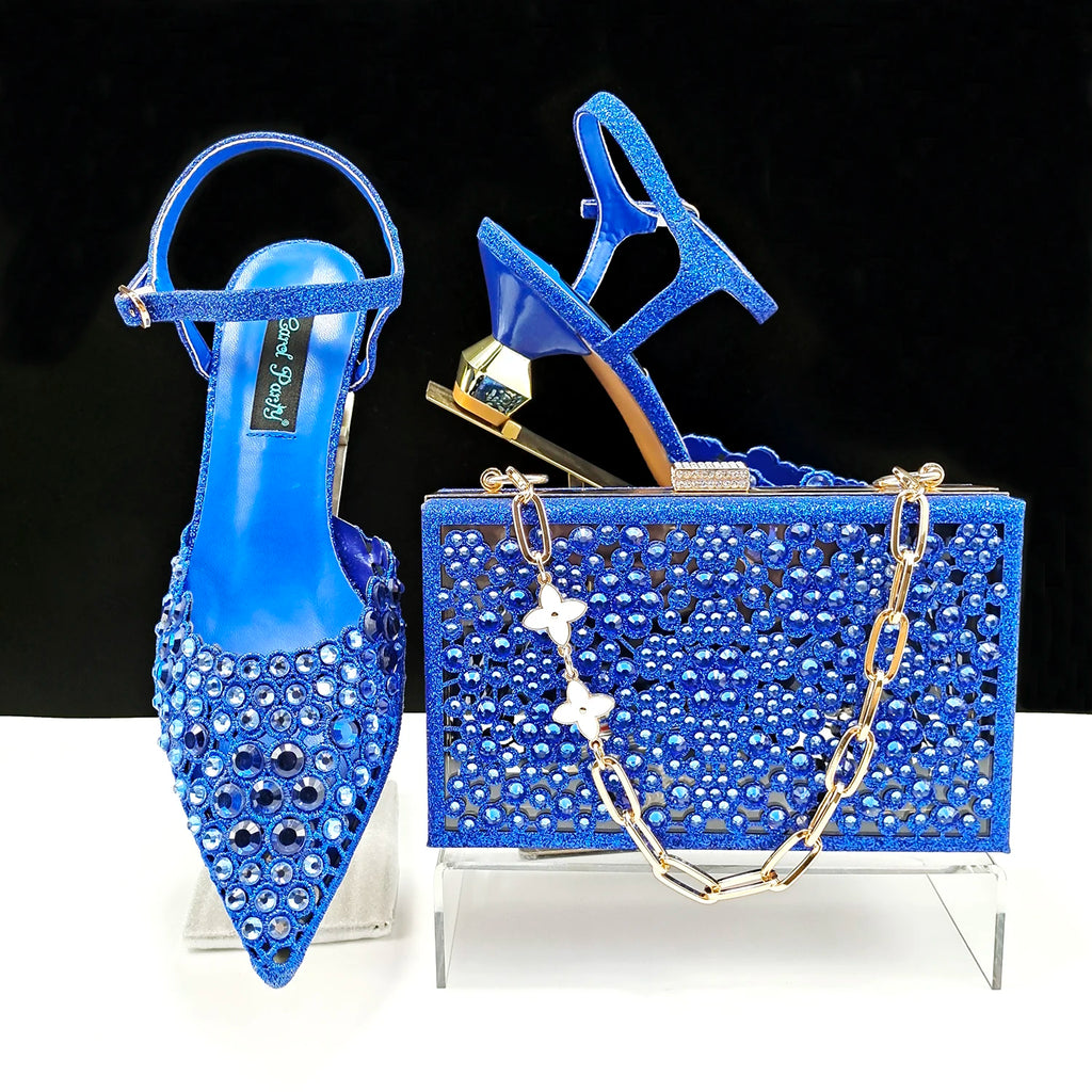 Happy Time Exquisite ! African Women's Shoes And Star Bag Rhinestone Embellished Pointed Toe Cutout Heels Square Clutch Bag