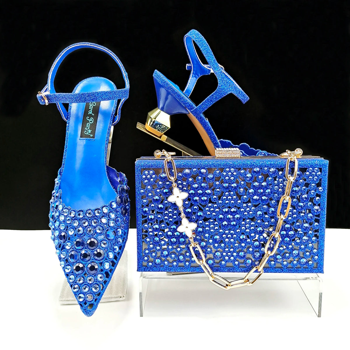 Happy Time Exquisite ! African Women's Shoes And Star Bag Rhinestone Embellished Pointed Toe Cutout Heels Square Clutch Bag