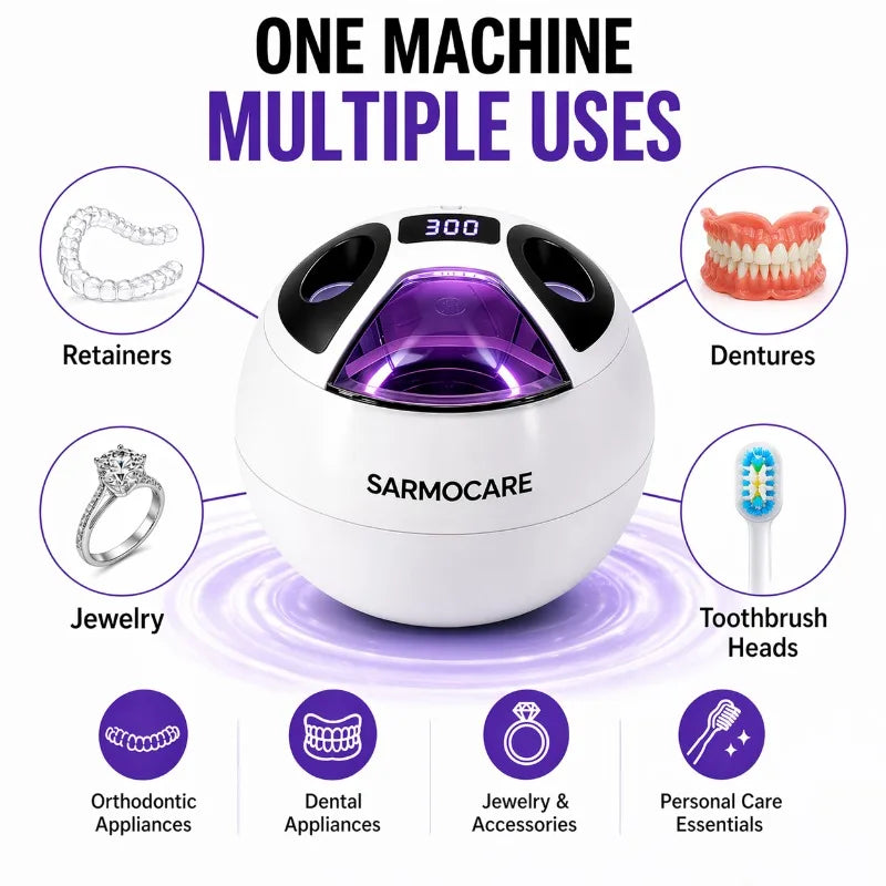Dental Cleaning Pod 45kHz Ultrasonic Retainer UV Cleaner Machine Digital Timer 2 Modes 200ML Capacity for Dentures Mouth Guards