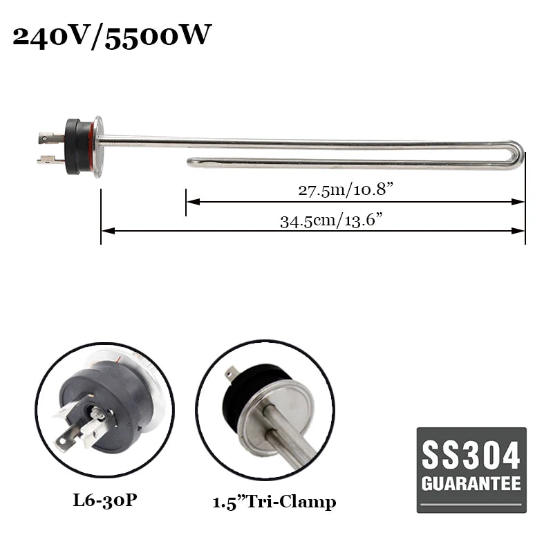 Homebrew Kettle Heating Element 1.5 Inch Tri Clamp Integrated All Stainless Steel ULWD Foldback Ripple 240v/120v