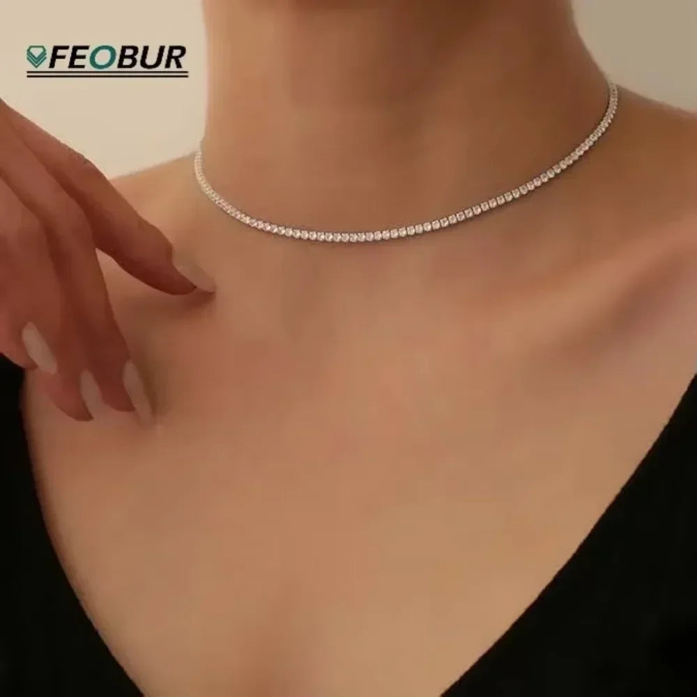 FEOBUR 2mm Moissanite Tennis Necklaces for Women S925 Silver Plated 18K Gold Adjustable Full Diamond Choker Neck Chain Jewelry
