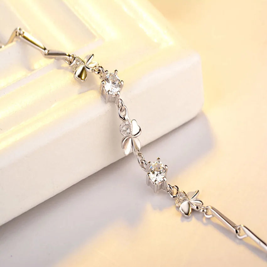 925 Sterling Silver Zircon Lucky Clover Shaped Bracelet Crystals Chain For Women Valentines Gift Wedding Party Cute Jewelry 20cm