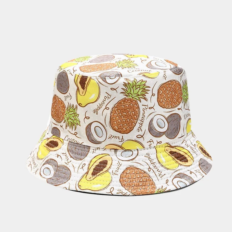 New Creative Fruit Pattern Fisherman's Hat Unisexdouble Sided Bucket Cap Uv Protection Panama Sun Caps for Girls Beach Hats