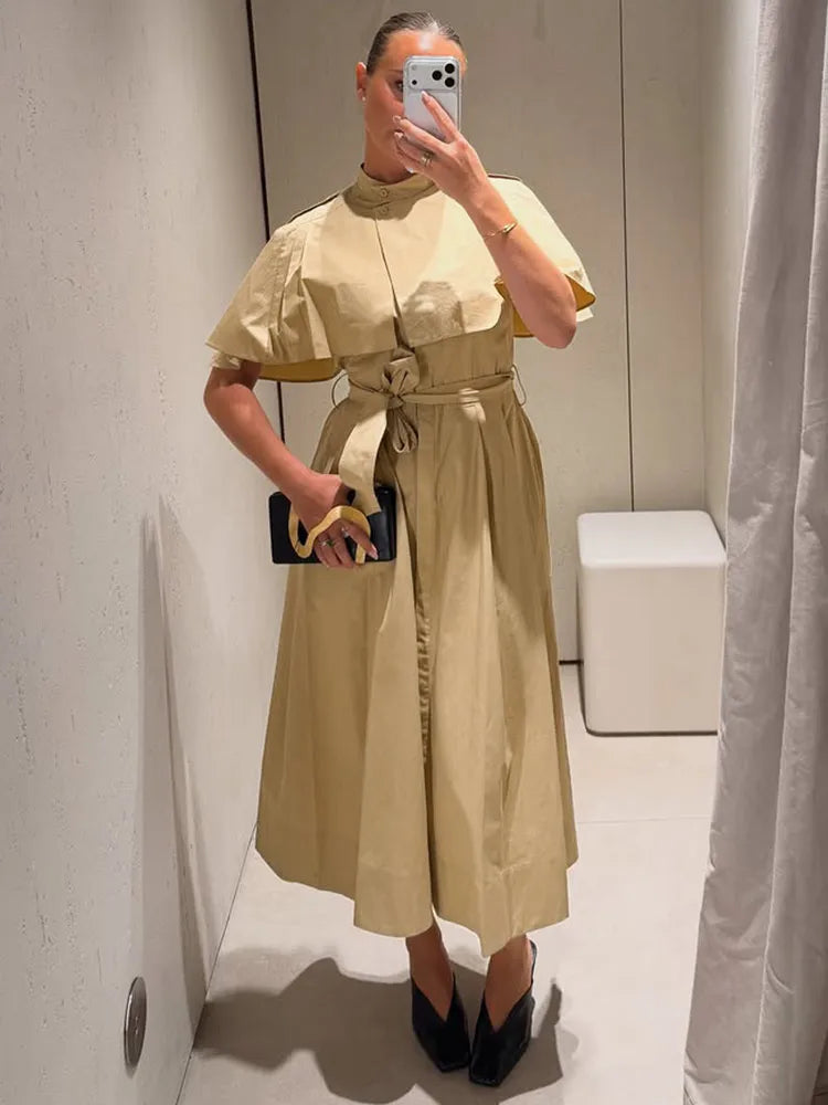 Women's Trench Style Midi Dress Stand Collar Cape Overlay Short Sleeve Belted Waist A‑Line Dresses Autumn Elegant Office Outfits