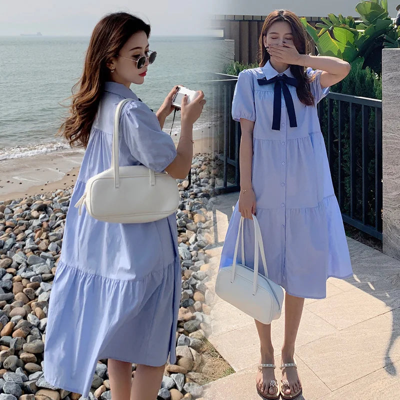 2026 Summer Maternity Shirts Dress Short Sleeve Turn-down Collar Elegant Pregnant Woman Mini Dress with Tie Ribbon Loose Blouses