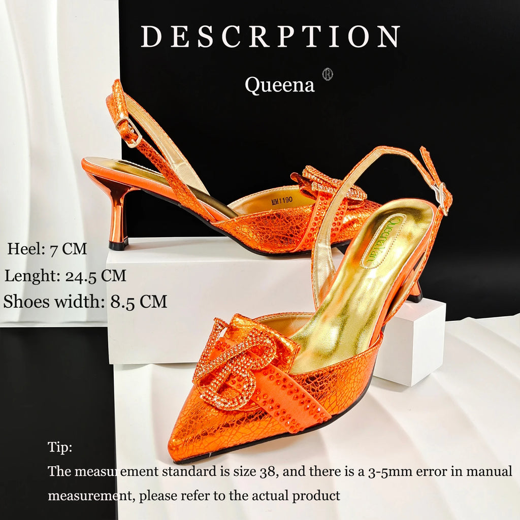 2026 Orange Slingback Shoe & Bag Set Rhinestone VB Letter Decor Pointed Toe High Heels for Wedding Evening Party Occasions