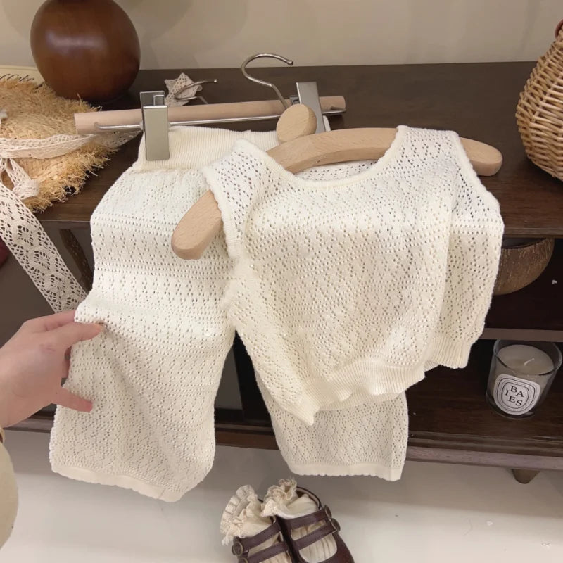 Girl's Clothing Sets Summer Korean Thin Knitted Girl Set Children Hollow Breathable Vest + Wide Leg Pants Two-piece Suit