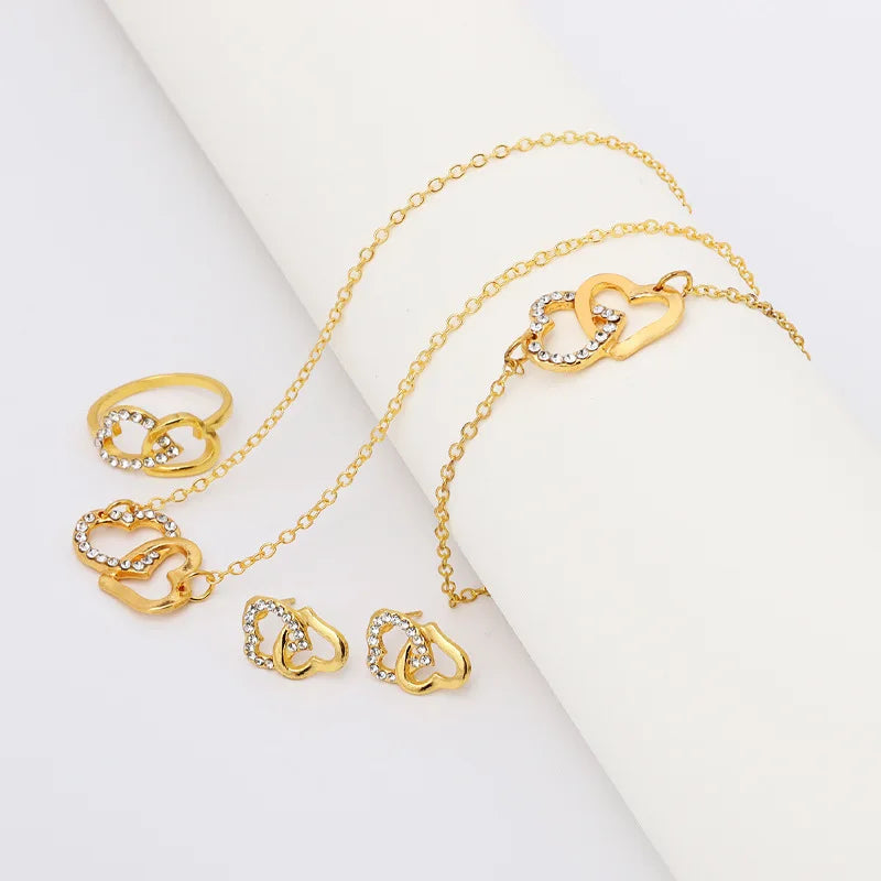 5PCS Set Gold-Color Heart Shaped Jewelry Sets Of Ring Earrings Necklace For Women Elegance Rhinestone