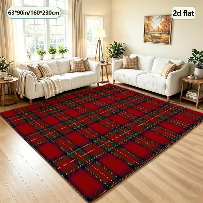 Traditional Red Scottish Plaid Carpet, Square Carpet, Suitable for Indoor Hall and Living Room Floor Decoration