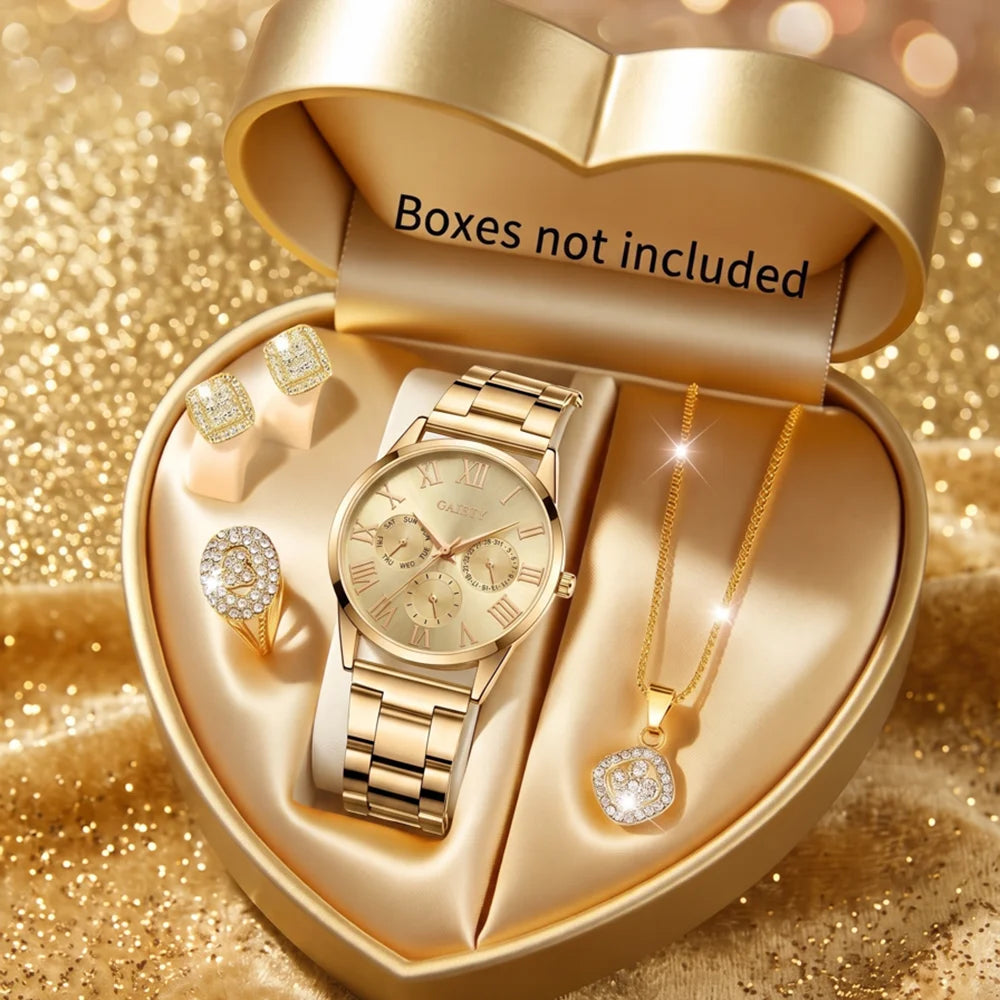 5Pcs/Set Unisex Jewelry Watches Women's Wristwatch Accessories Gold Fashion Business Elegant Classic Exquisite Retro Light Luxury Rhinestone Luxury Watch Set Y2K Party Gathering Daily Wear Birthday Holiday Gift Travel Vacatio
