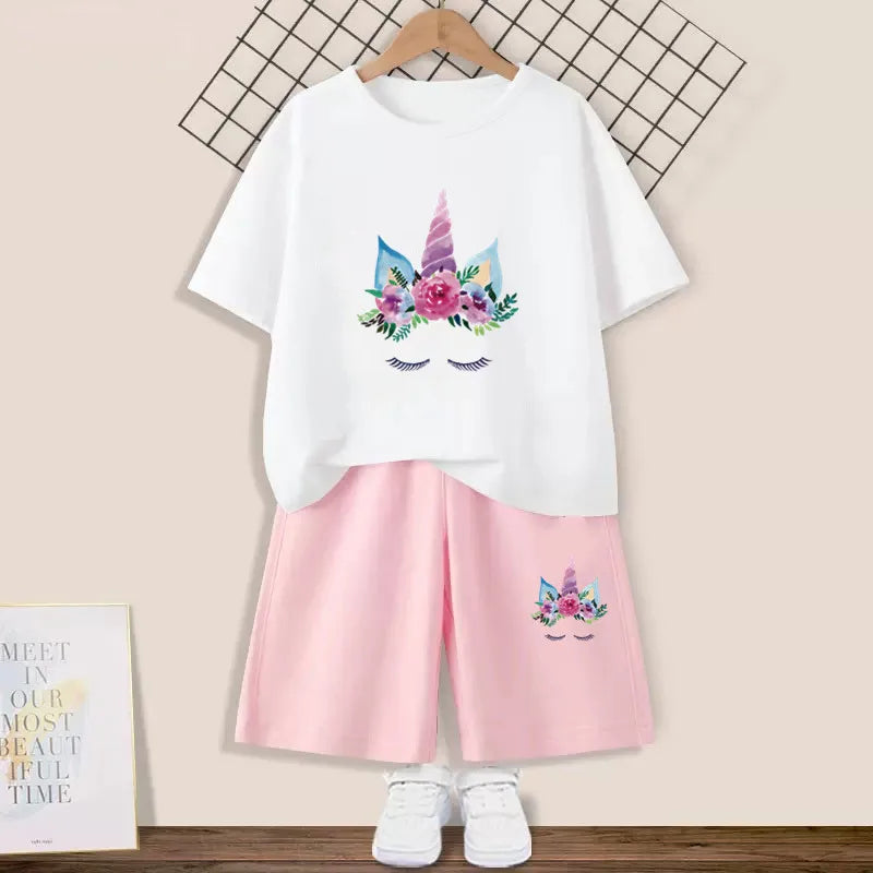Girls Happy Cat Printed 2PC Outfit Set Summer Fashion Short Sleeve T-Shirt And Shorts Combo Cute Kids Clothing
