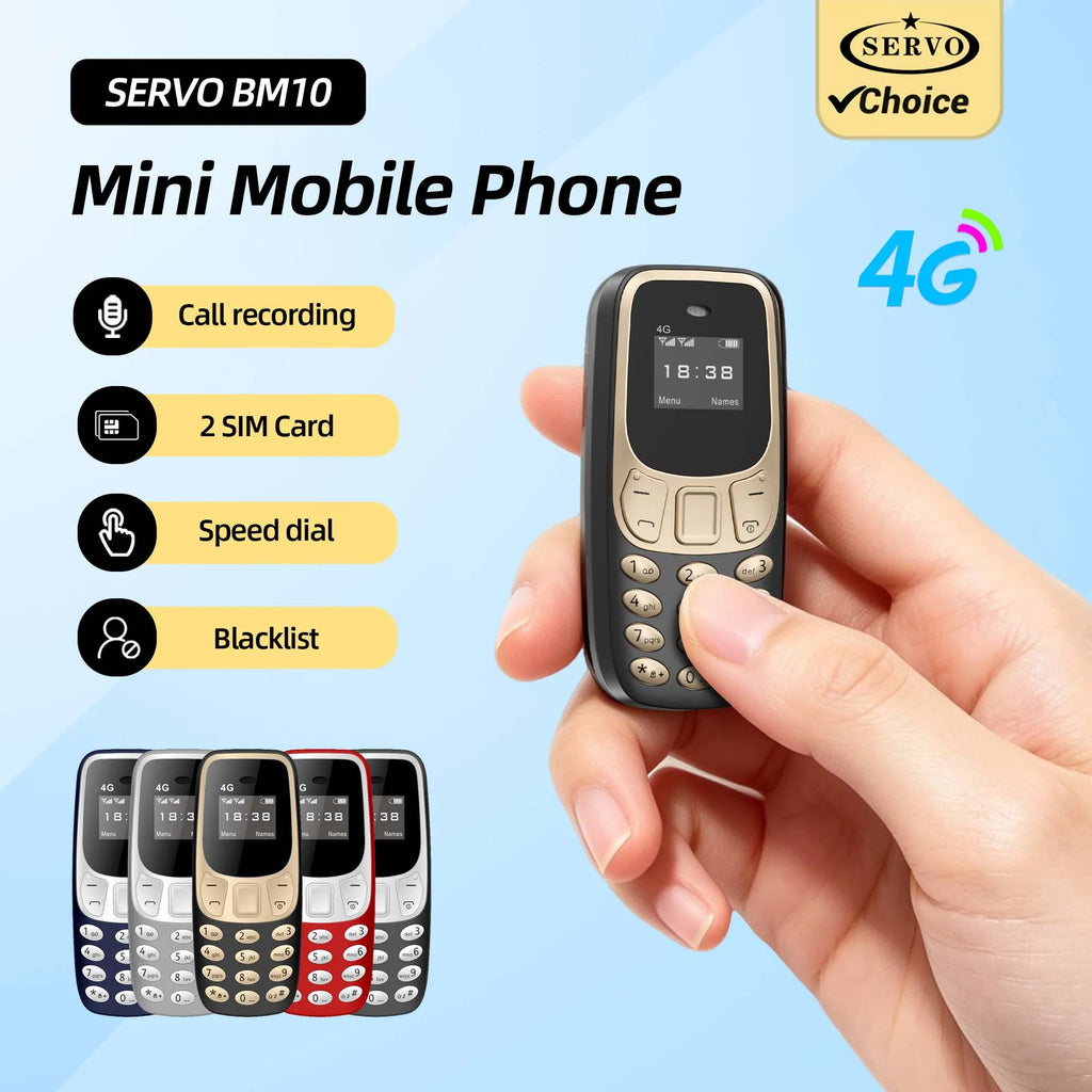 SERVO BM10 Super Mini Pocket 4G LTE Feature Phone Dual SIM Speed Dial Call Recording Blacklist MP3 Player Alarm Clock Cellphone