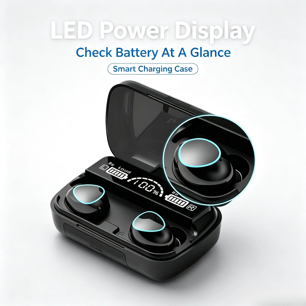 9D Stereo Surround Sound Bluetooth Earphones Sports In-Ear Wireless Headphones Featuring LED Digital Battery Display