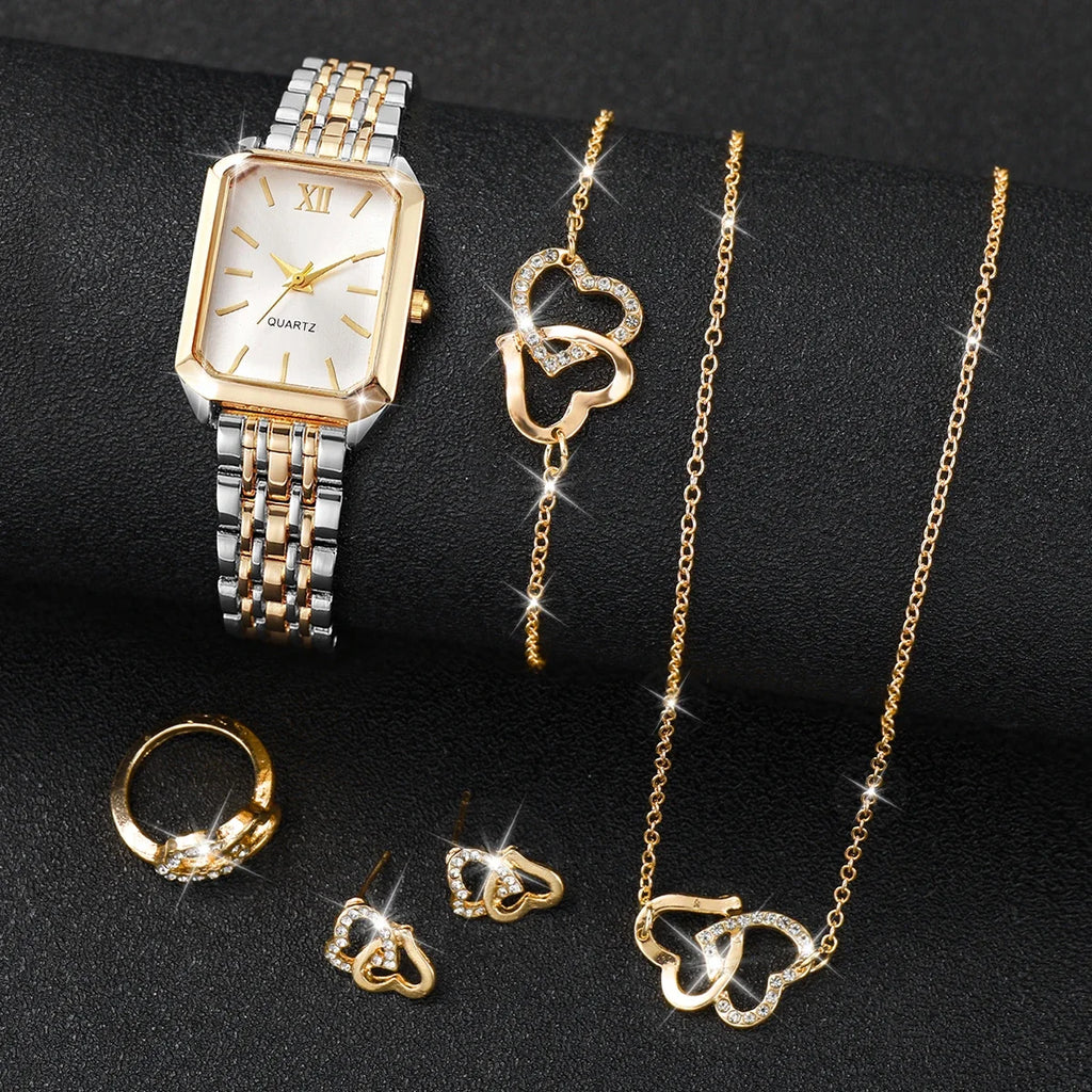 6PCS Elegant Women Rectangle Roma Dial Wristwatch Fashion Alloy Strap Quartz Watch With Diamond Heart Jewelry Set(Without Box)