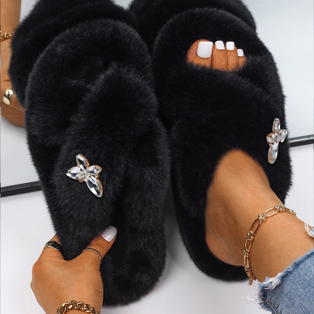 Women Furry Fur Slippers Soft Faux Fur Slides Ladies Plush House Slippers Cross Strap Open Toe Flat Sandals Fluffy Warm Shoes