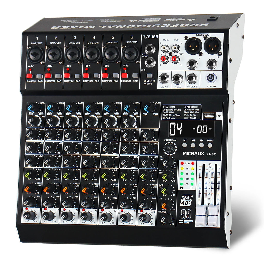 FULUODE X1-8C Audio Mixer 8-Channel Professional Mixer Console with 99 DSP Effects Mixing Board DJ Mixer with USB Bluetooth 48V