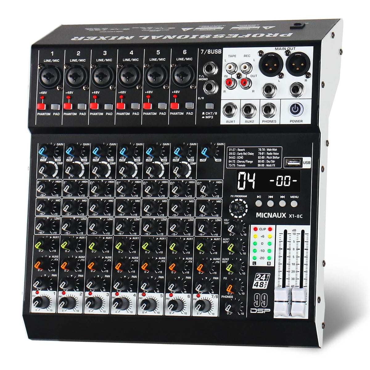 FULUODE X1-8C Audio Mixer 8-Channel Professional Mixer Console with 99 DSP Effects Mixing Board DJ Mixer with USB Bluetooth 48V