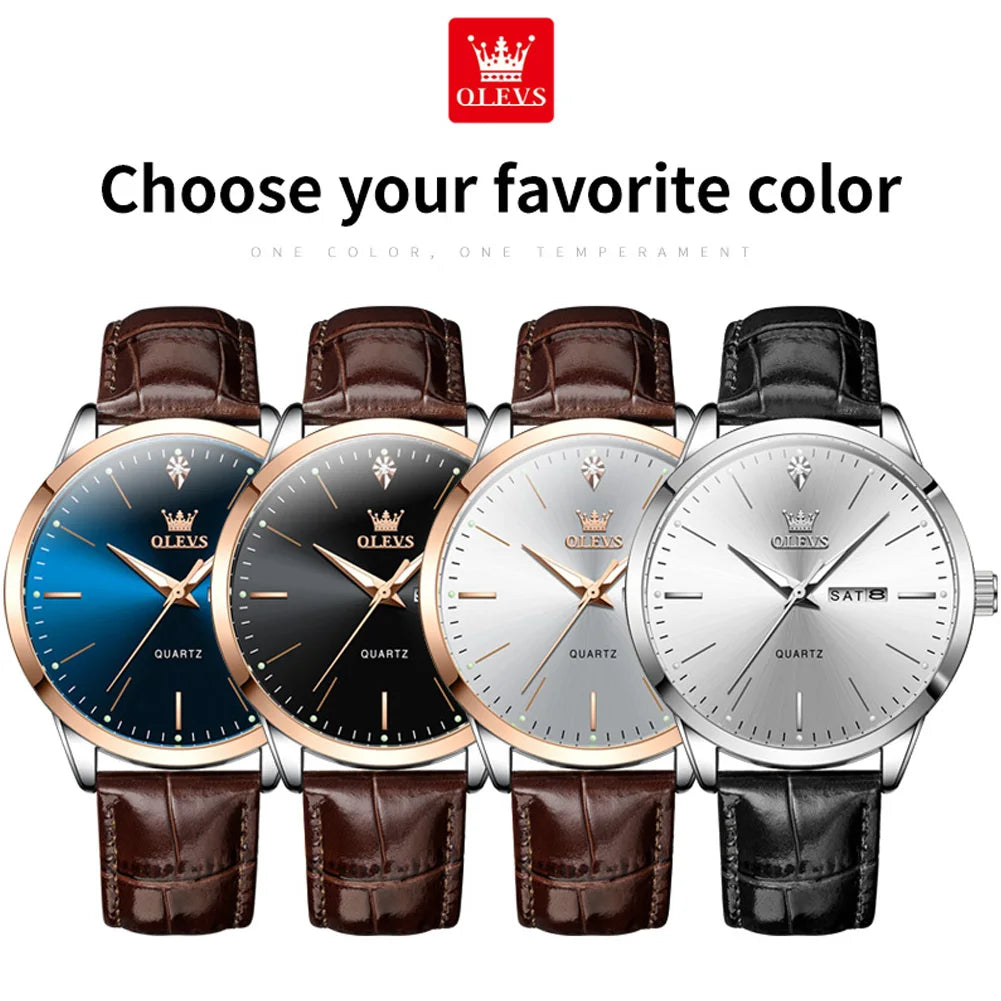 OLEVS 2935 Fashion Business Brand Men Watches Leather Strap Trend Week Calendar Quartz Watch Luminous Waterproof 43mm Dial