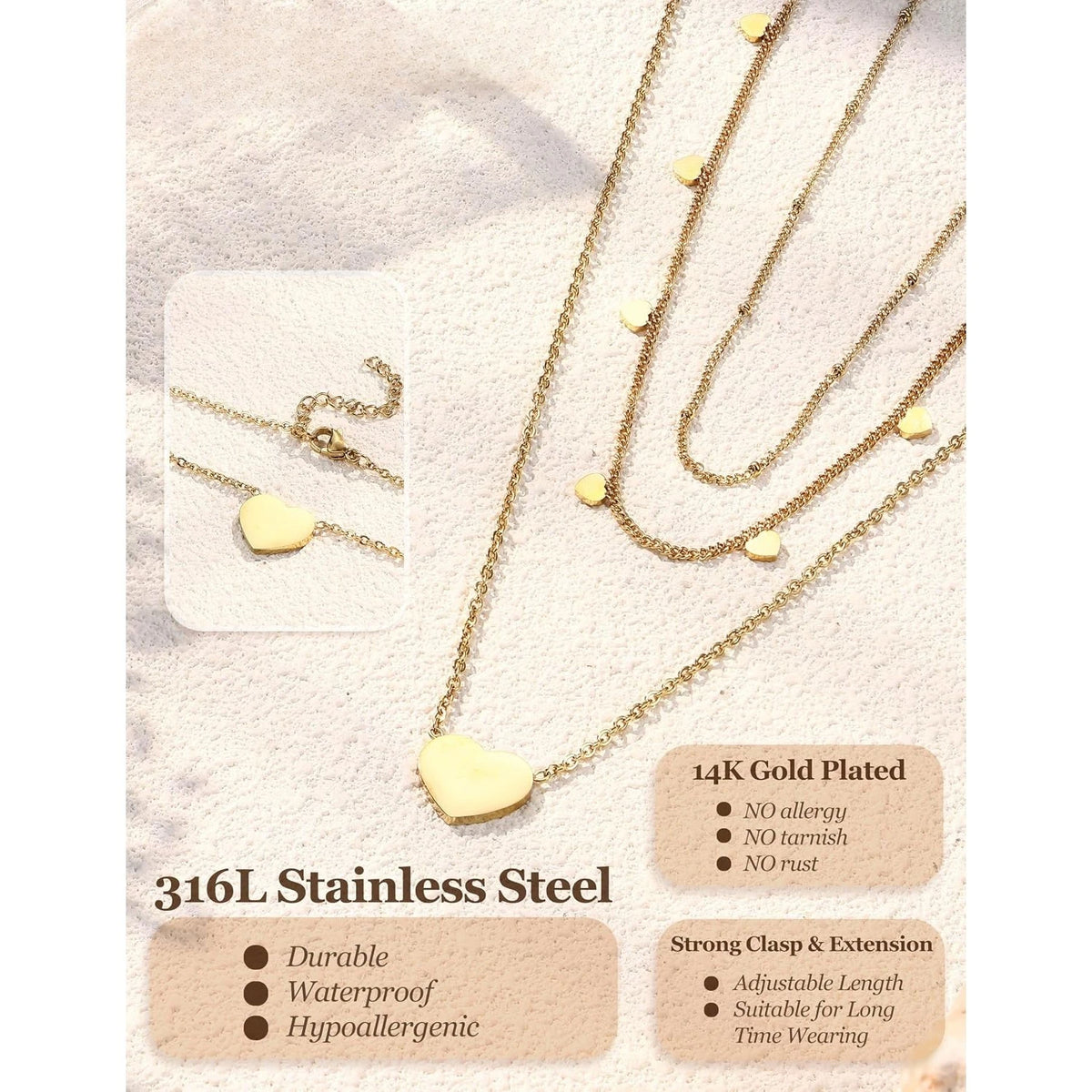 Bobisty 3Pcs Necklace for Women Stainless Steel Waterproof Chain Adjustable Layered Necklace Set Coin Heart Choker Jewelry Gift