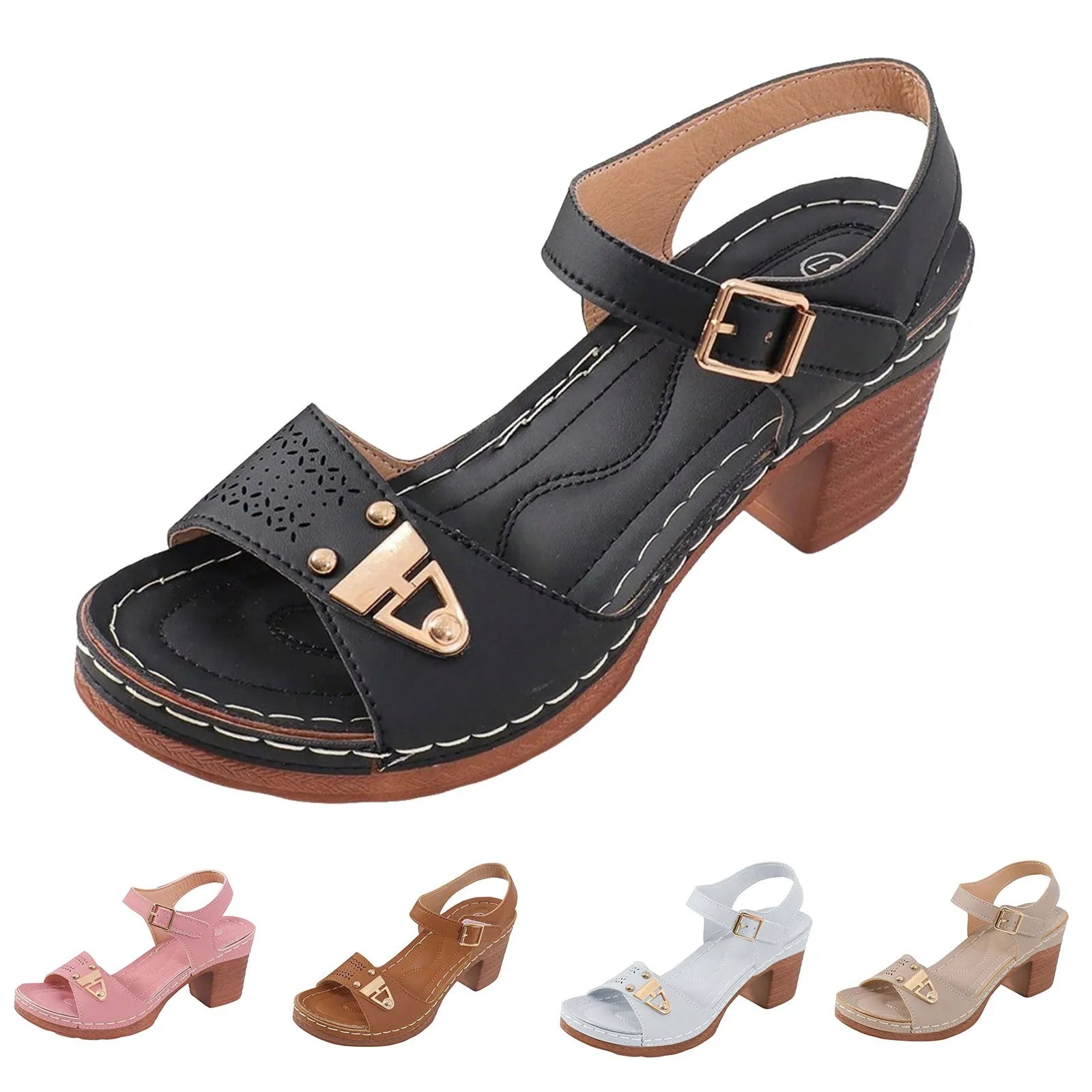 Chunky Heel Slippers For Women Leather One Line Buckle Solid Comfort Casual Wedge Heel Sandals Versatile Shallow Mouth Shoes