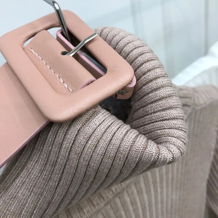 H Han Queen Knitted Turtleneck Sweater Bodycon Dress Bottoming Women Soft Elastic Autumn Winter Midi Party Dresses With Belt