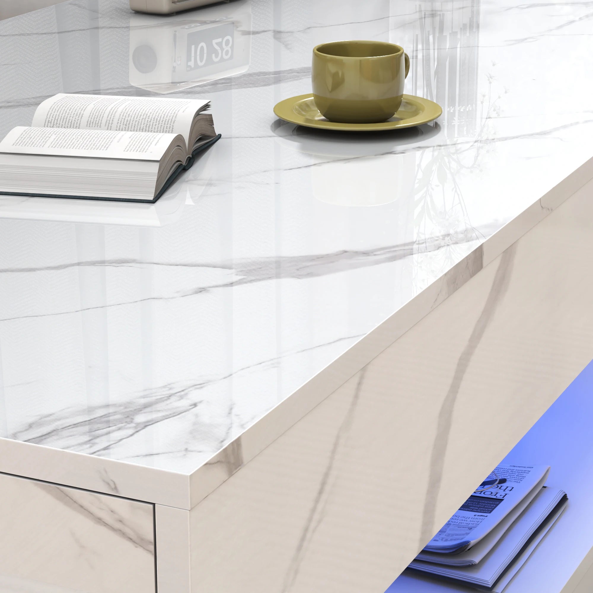 Modern Stylish Coffee Table with LED Lights, Double-Layer Design for Living Room Coffee Table with 2 Storage Drawers