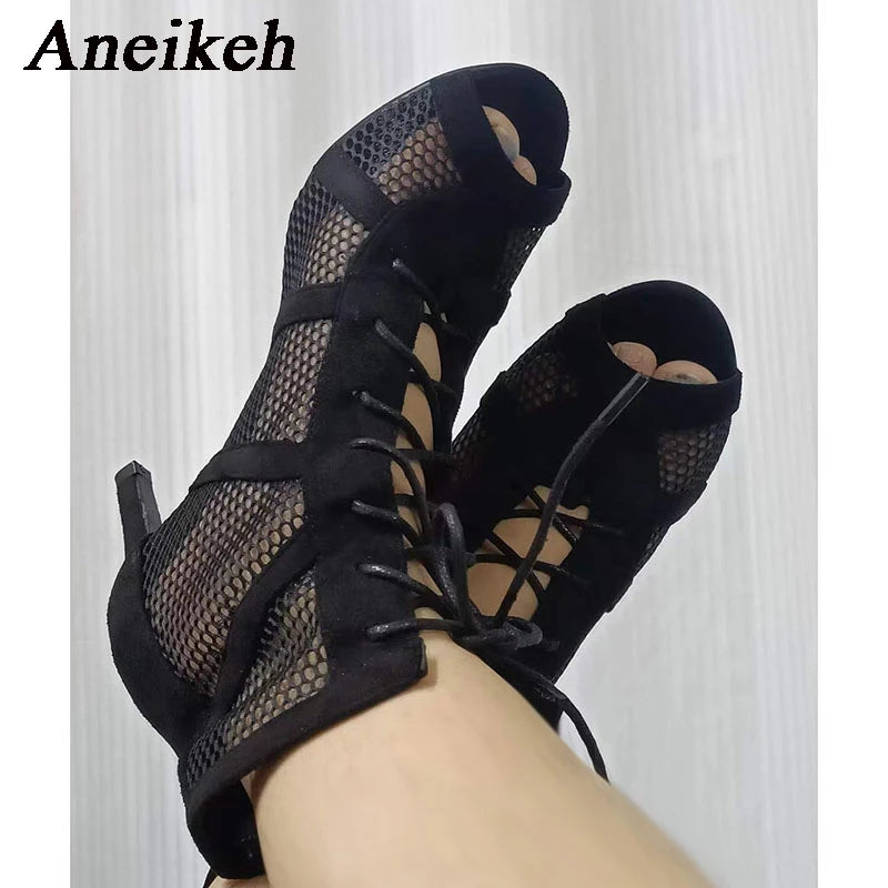 Aneikeh 7CM Middle Heel Dance Hollow Out Ankle Strap Sandal Boots 2025 Fashion Summer Lace Up Cross-tied Peep Toe Lady Shoes