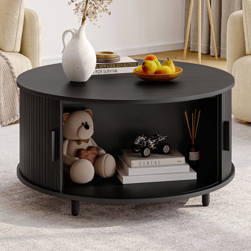 Round Coffee Table with Storage, 31.5 In Drum Coffee Table with 360° Curved Sliding Door, ModernFluted Wood Accent Coffee Tablee