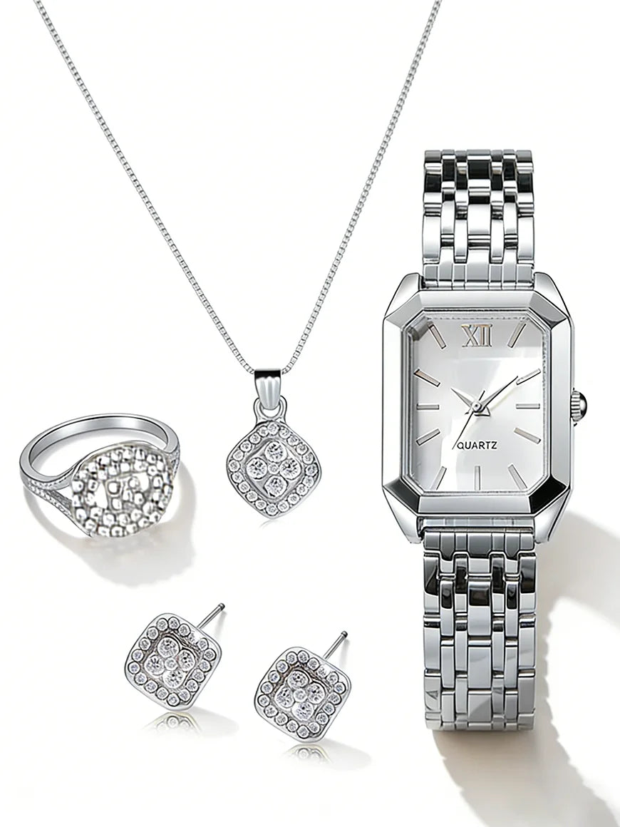 Casual Fashion Square Quartz Watch And Hollow Jewelry Set wi Steel Strap Birthday Gift No Box