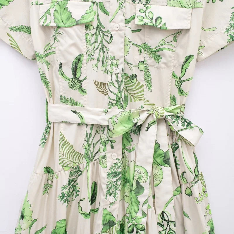 Women’s Summer Green Floral Print Short Sleeve Tie Waist Dress Casual Daily Wear Loose Fit Comfortable Style