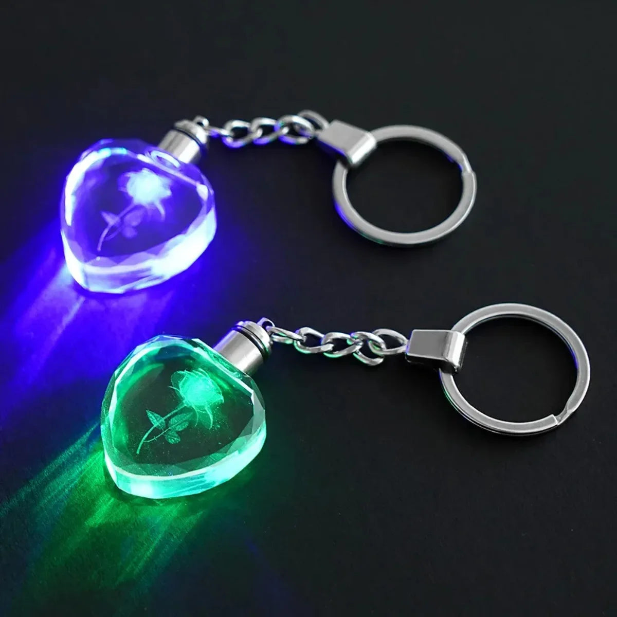 LED Light-Up Crystal Heart Keychain, 3D Rose Engraved Glowing Bag Charm, Romantic Gift for Her